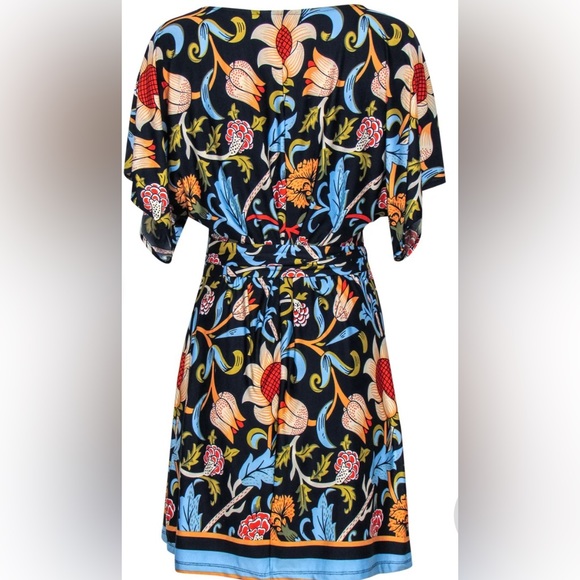 BCBGMAXAZRIA Woodblock Navy Folk Art Floral Dress Tie Waist Peplum Sheath Dress - Picture 10 of 11